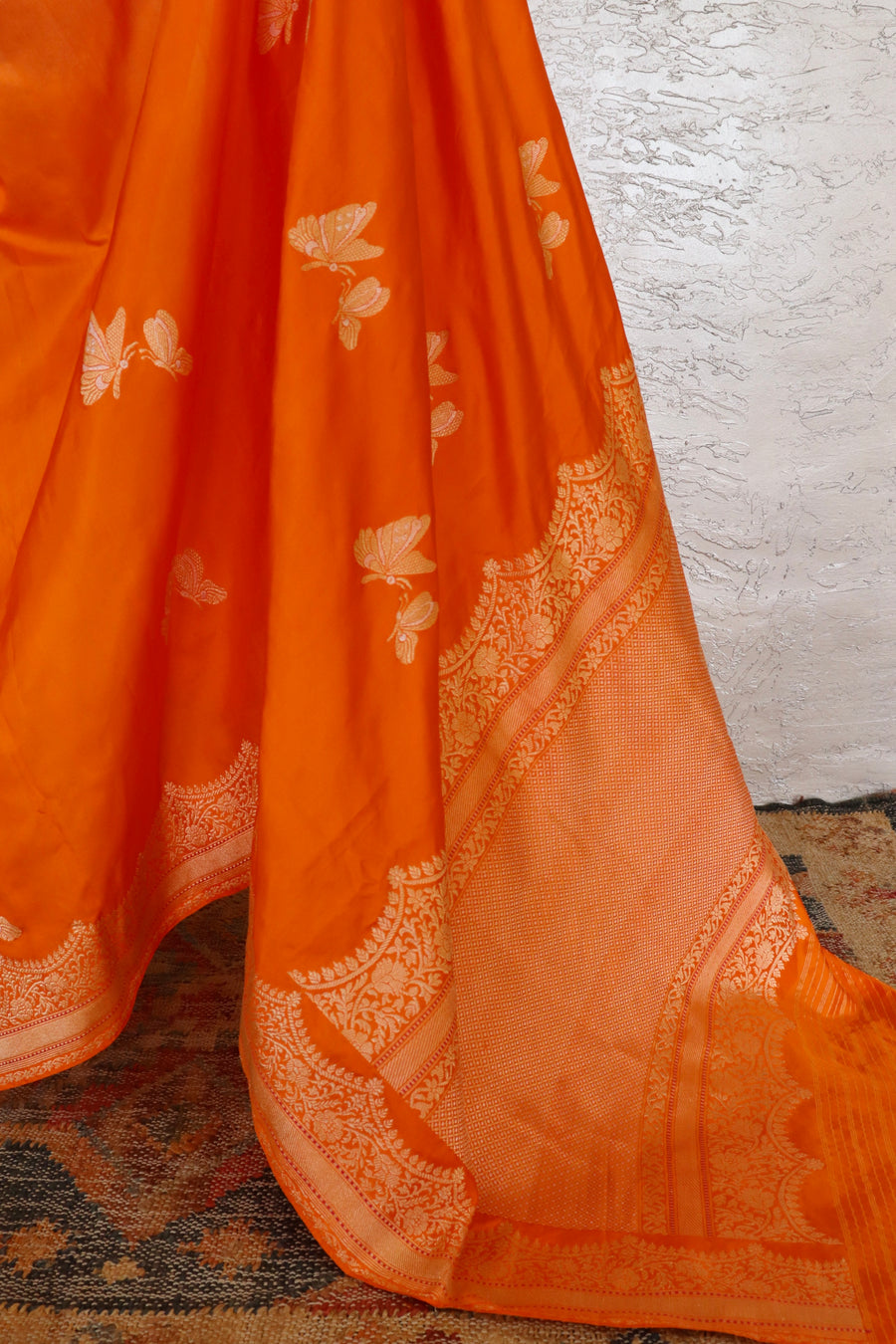 Saffron Butterfly Motif Silk Banarasi Saree | Stuti Weaves