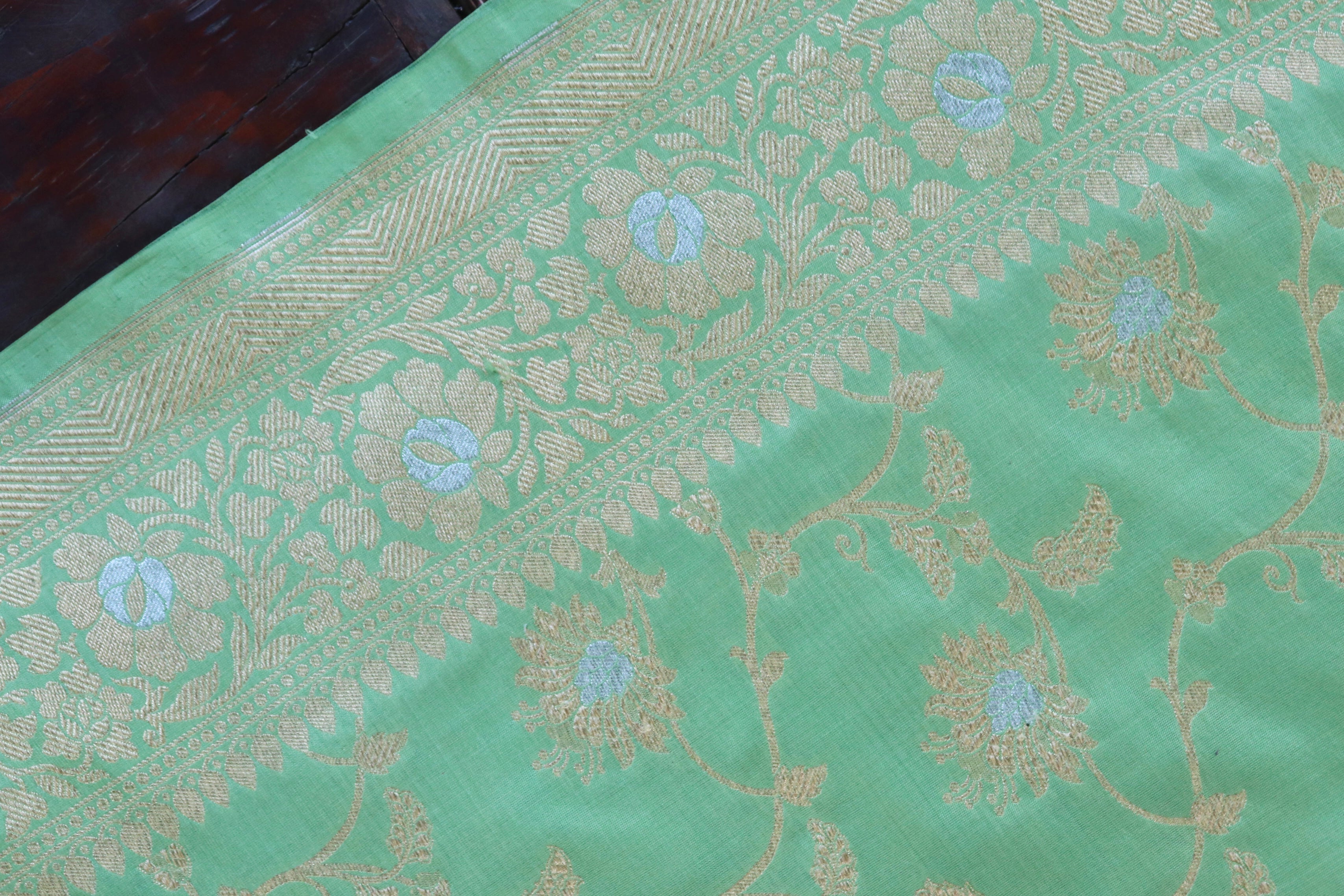 Mint Green Cutwork Jangla Banarasi Silk Handloom Saree