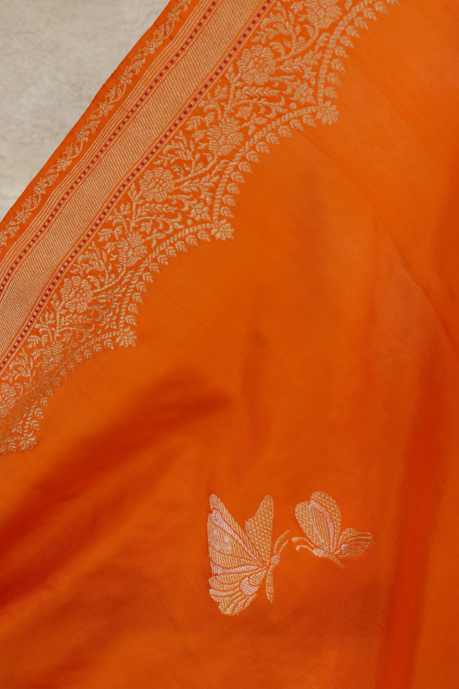 Saffron Butterfly Motif Silk Banarasi Saree | Stuti Weaves