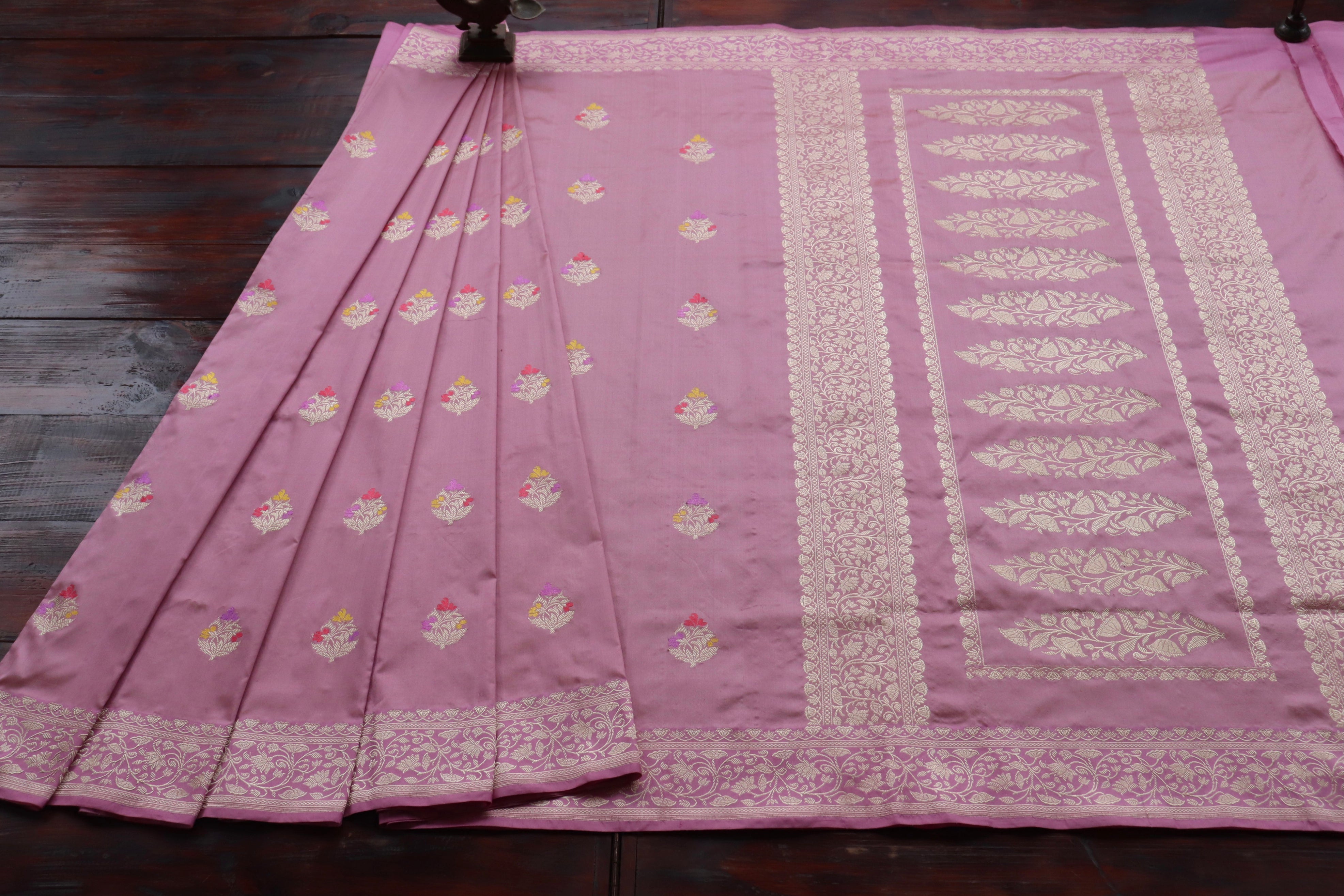 Rouge Pink Guldasta Motif Pure Kora Silk Handloom Saree