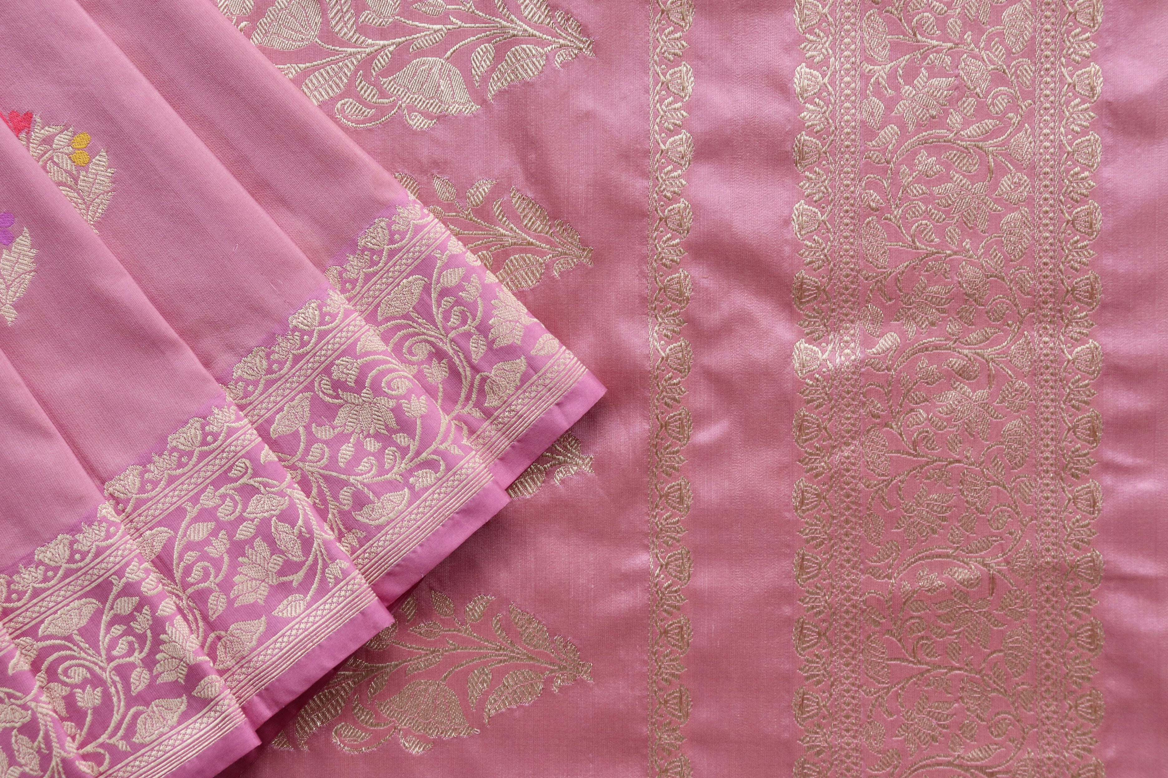 Rouge Pink Guldasta Motif Pure Kora Silk Handloom Saree