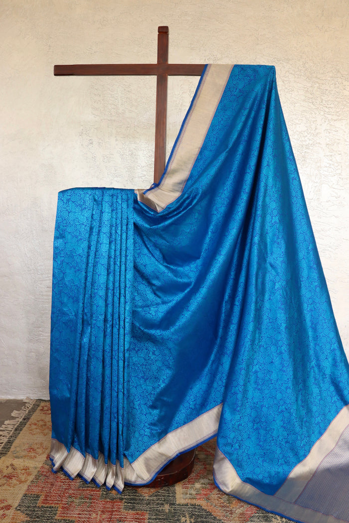 Blue Butterfly Resham Handwoven Banarasi Tanchoi Silk Saree