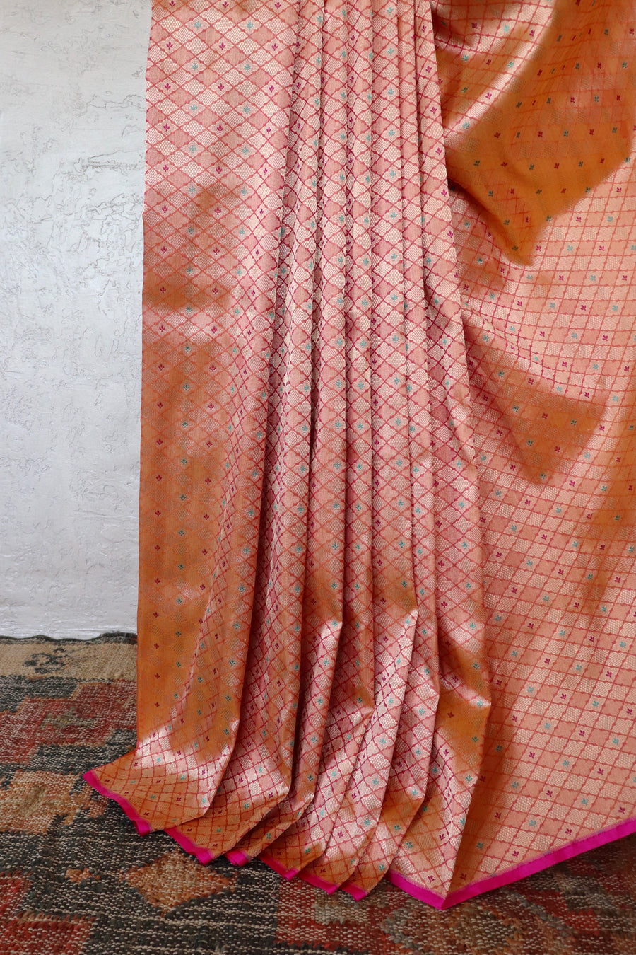 Dark Peach Meenadar Tanchoi Pure Silk Handloom Banarasi Saree