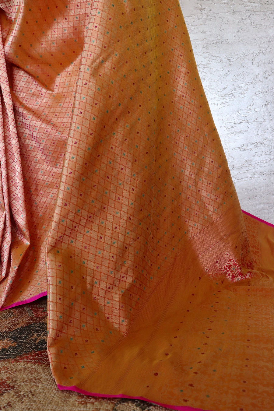 Dark Peach Meenadar Tanchoi Pure Silk Handloom Banarasi Saree