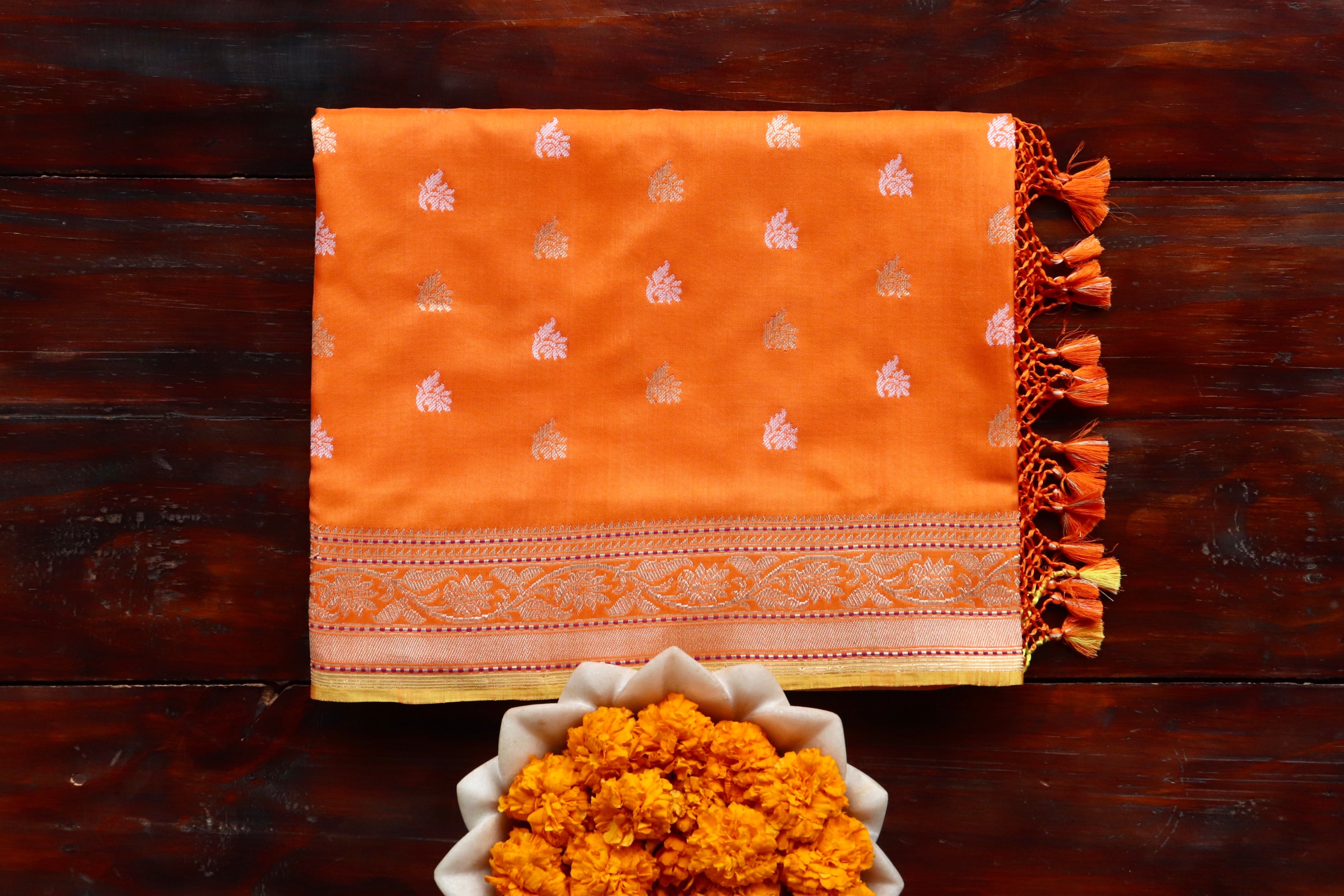 Orange Kadhua Motif Pure Silk Handloom Banarasi Saree