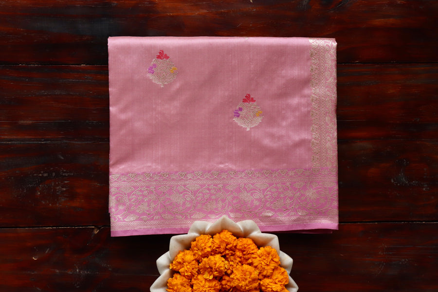 Rouge Pink handloom Banarsi saree with guldasta motifs in pure silk