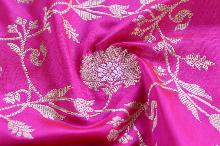 Aanchal motif on Rich Pink Blue Kadhua Phool Jangla saree
