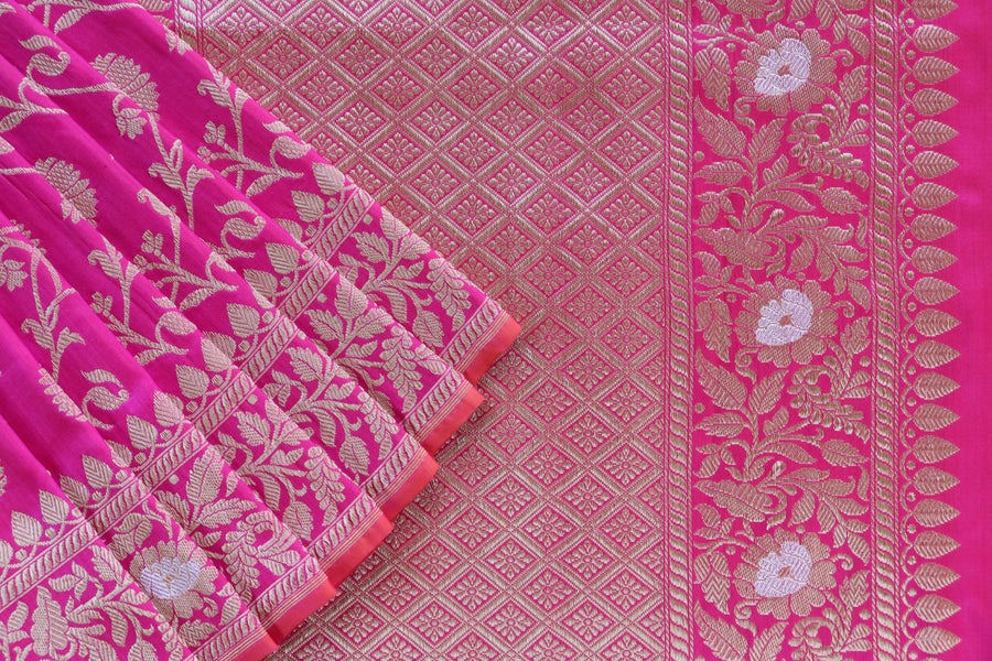 Katan silk texture of Rich Pink Blue Kadhua Phool Jangla saree