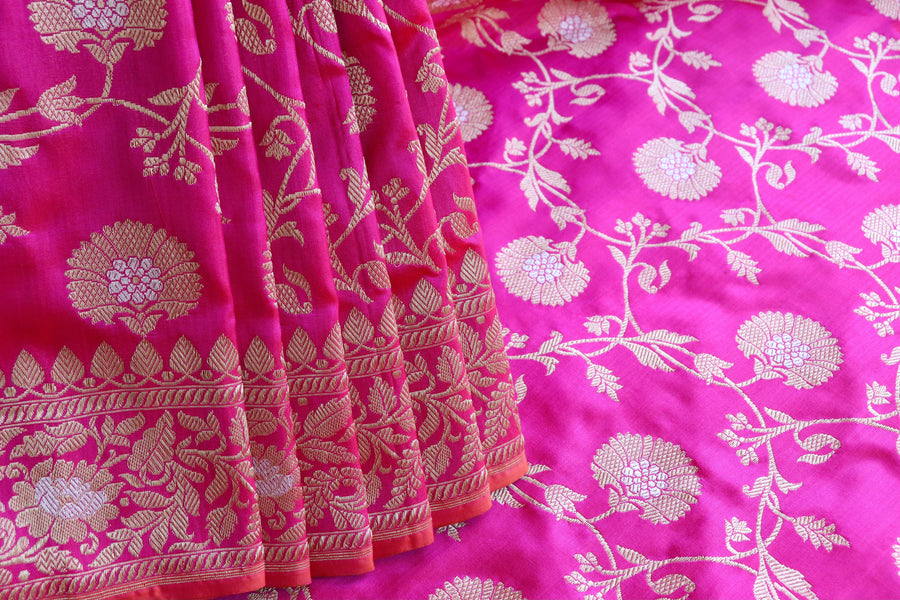 Pallu detail of Rich Pink Blue Kadhua Phool Jangla Katan saree