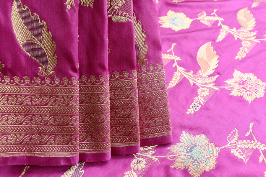 Pallu detail of Purple Meenadar Jangla Banarasi saree