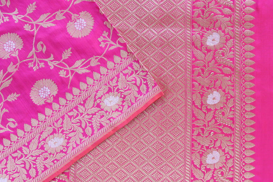 Full drape of Rich Pink Blue Kadhua Phool Jangla Katan silk saree