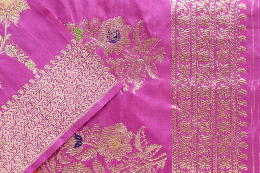 Full drape of Purple Meenadar Jangla pure silk Banarasi saree