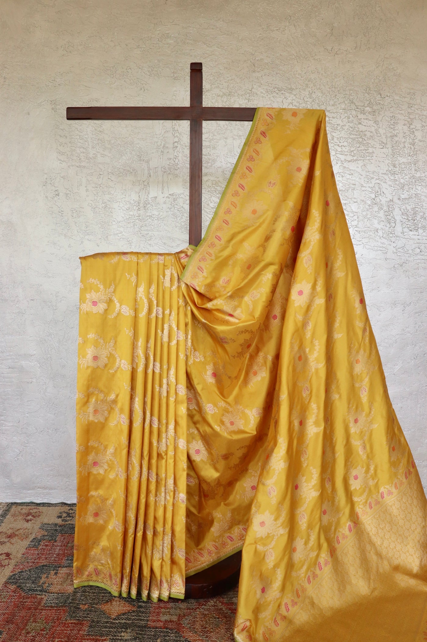 Mustard Yellow Pure Silk Kadhua Jangla Handwoven Saree