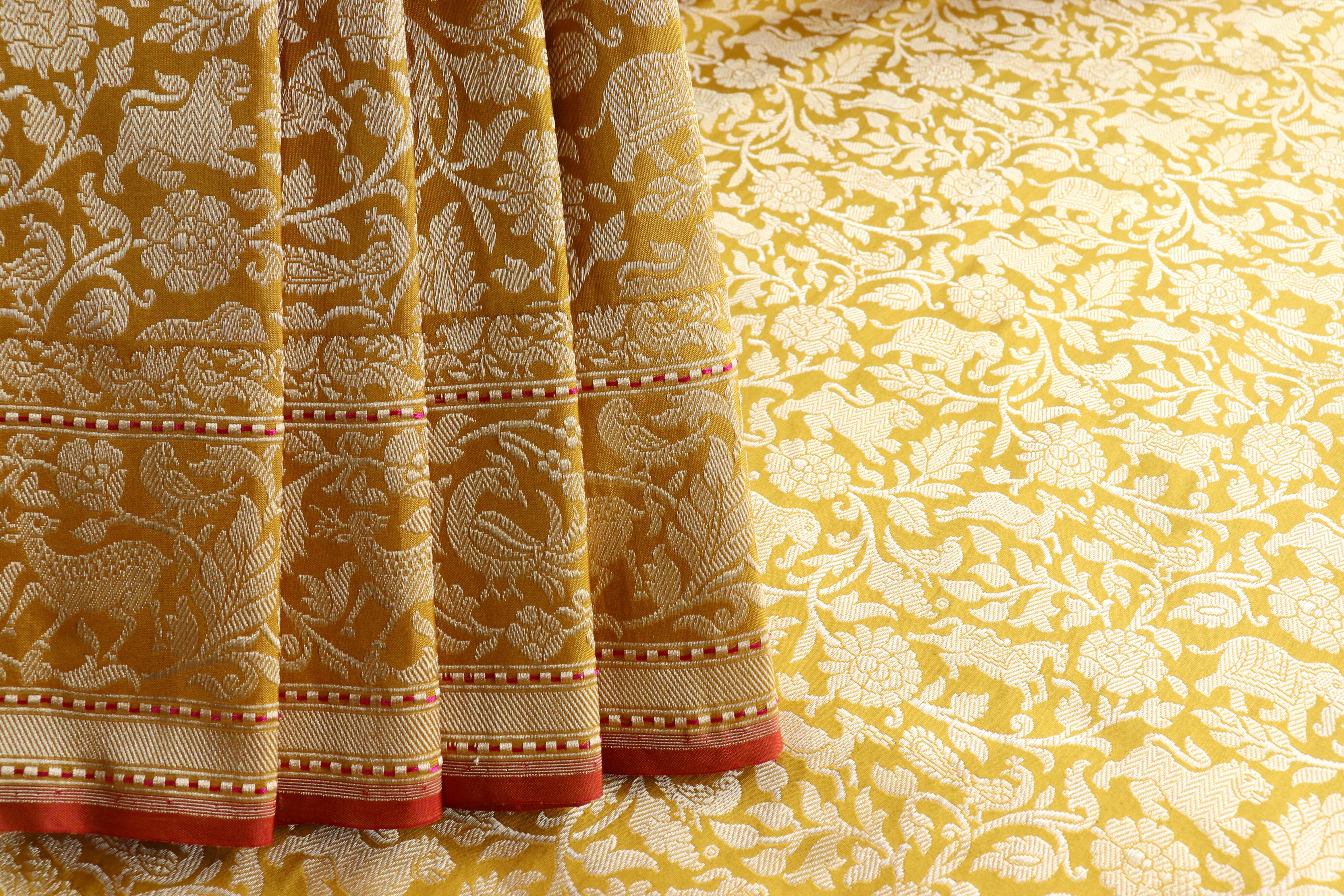 Yellow Shikargah Pure Silk Handloom Banarasi Saree