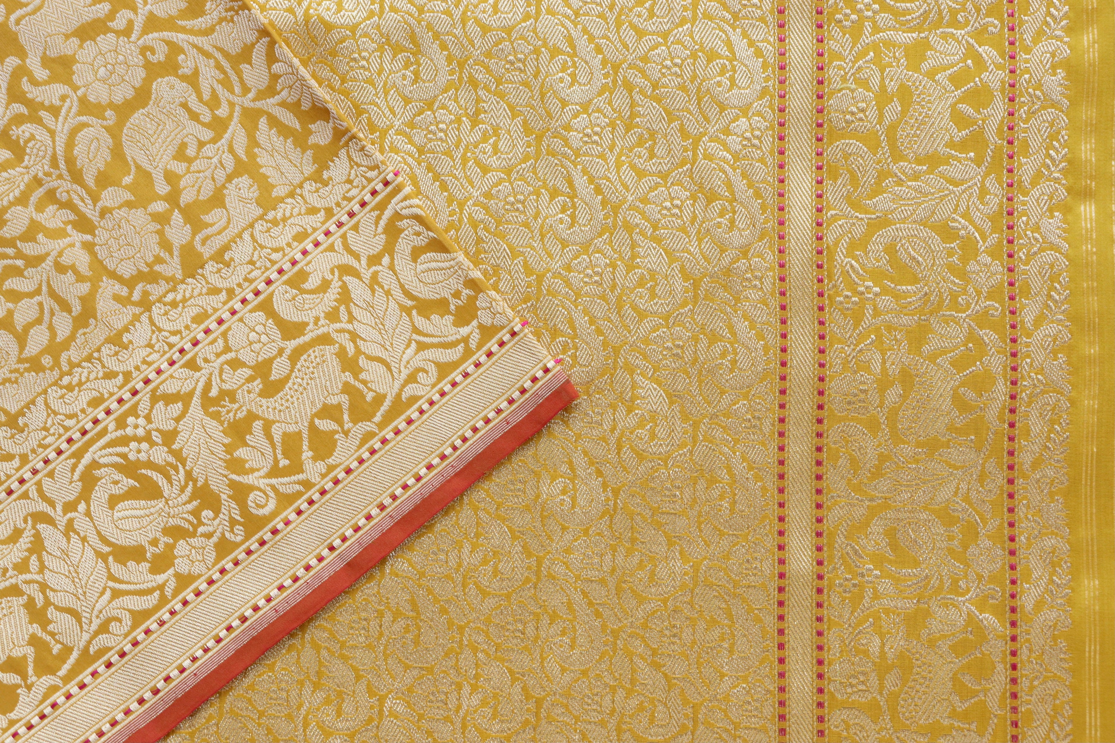 Yellow Shikargah Pure Silk Handloom Banarasi Saree