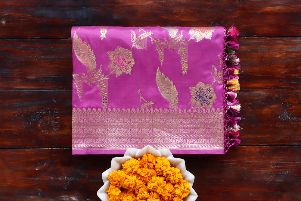 Purple handloom Banarsi saree with jangla motifs in pure silk