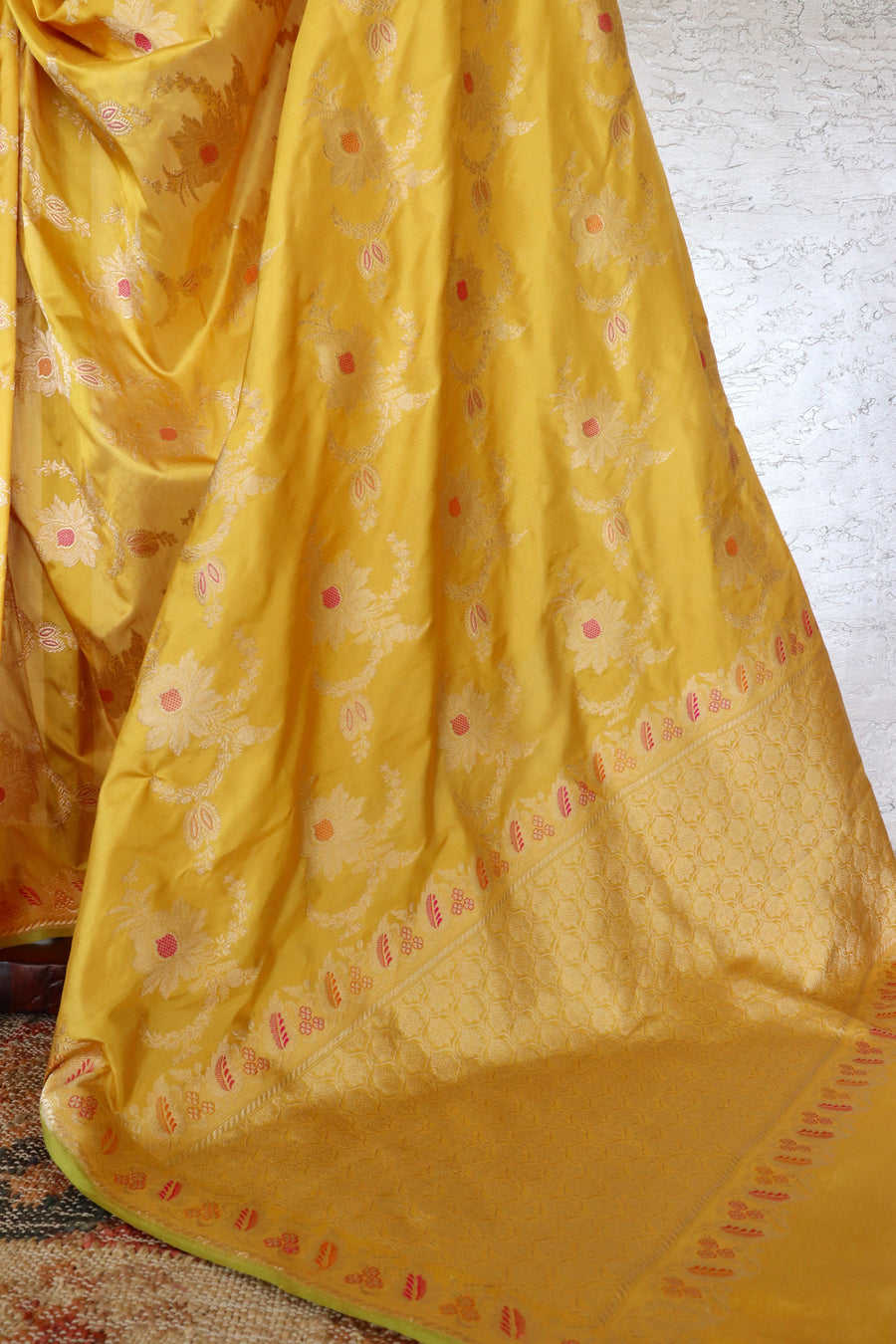Mustard Yellow Pure Silk Kadhua Jangla Handwoven Saree