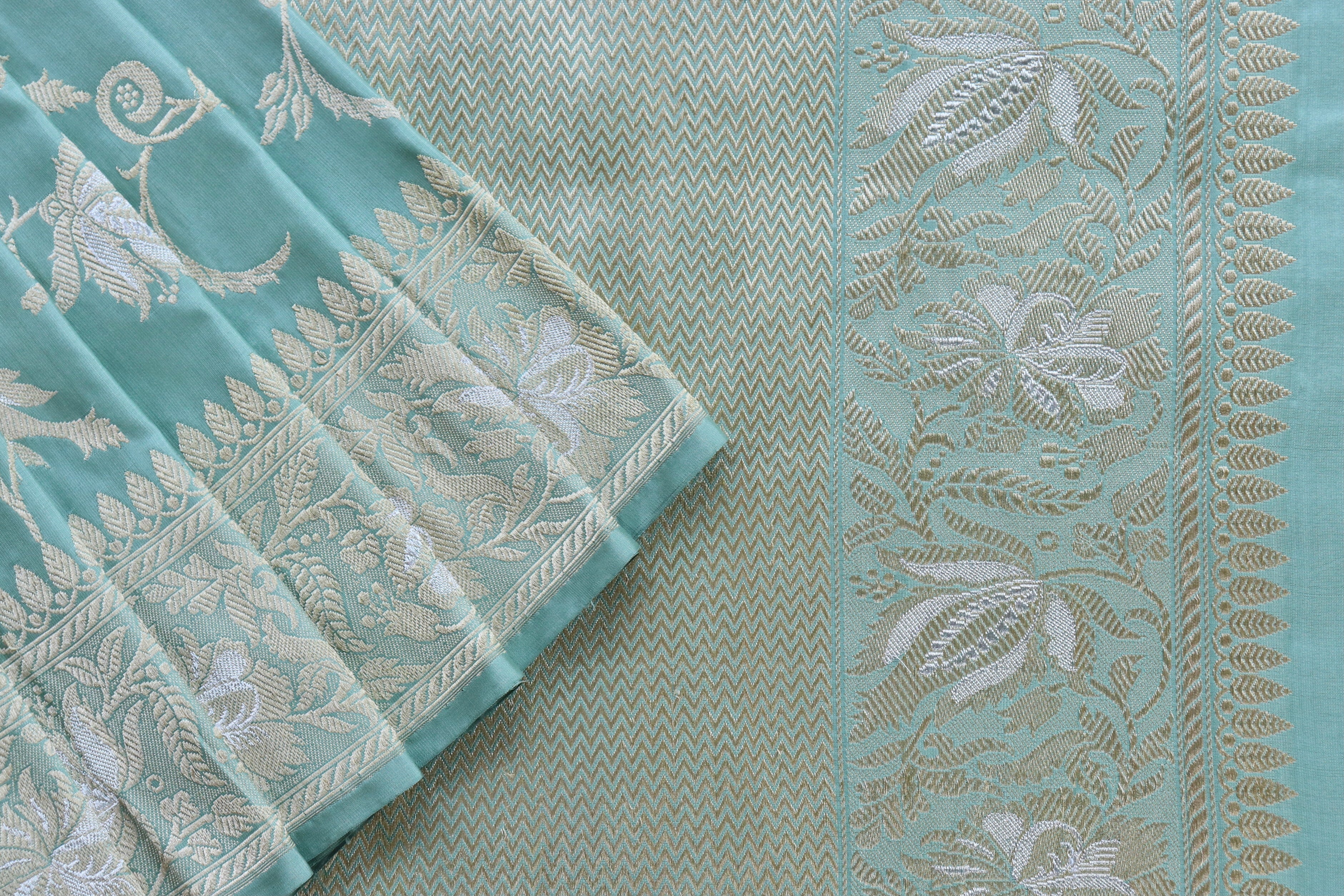 Mint Green Chinar Jangla Pure Silk Handloom Banarasi Saree