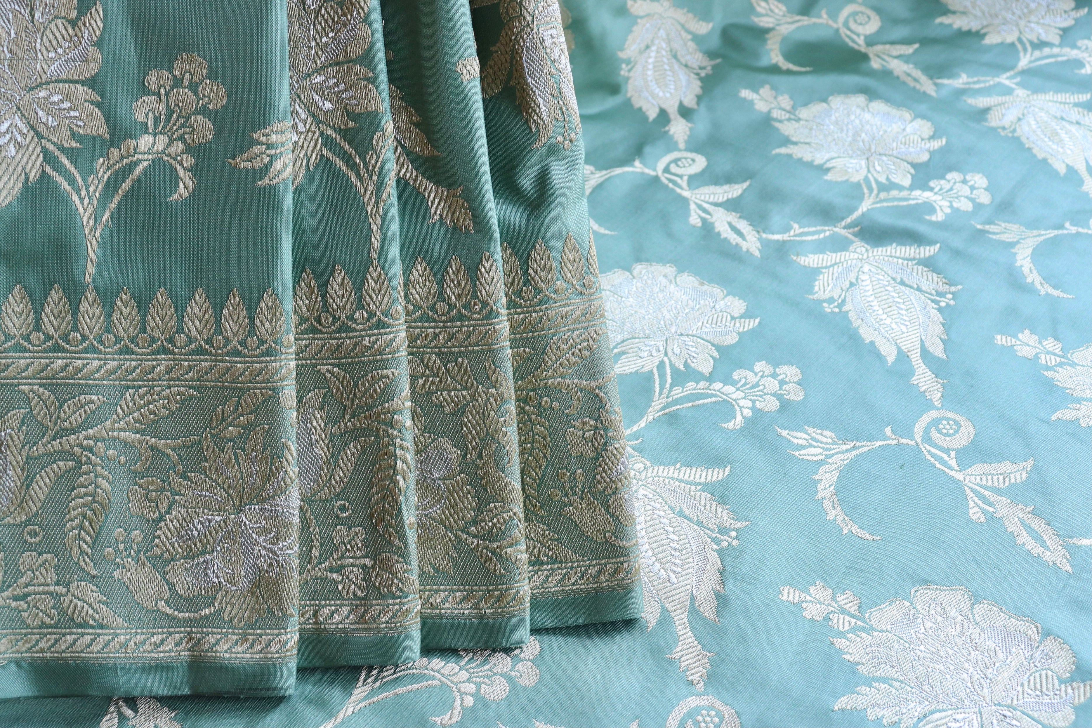 Mint Green Chinar Jangla Pure Silk Handloom Banarasi Saree