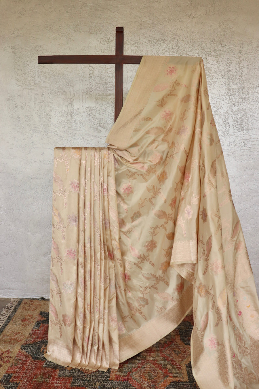 Beige Pure Silk Kadhua Jangla Handwoven Saree