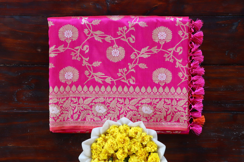 Rich Pink Blue Kadhua Phool Jangla Katan silk saree draped for the camera