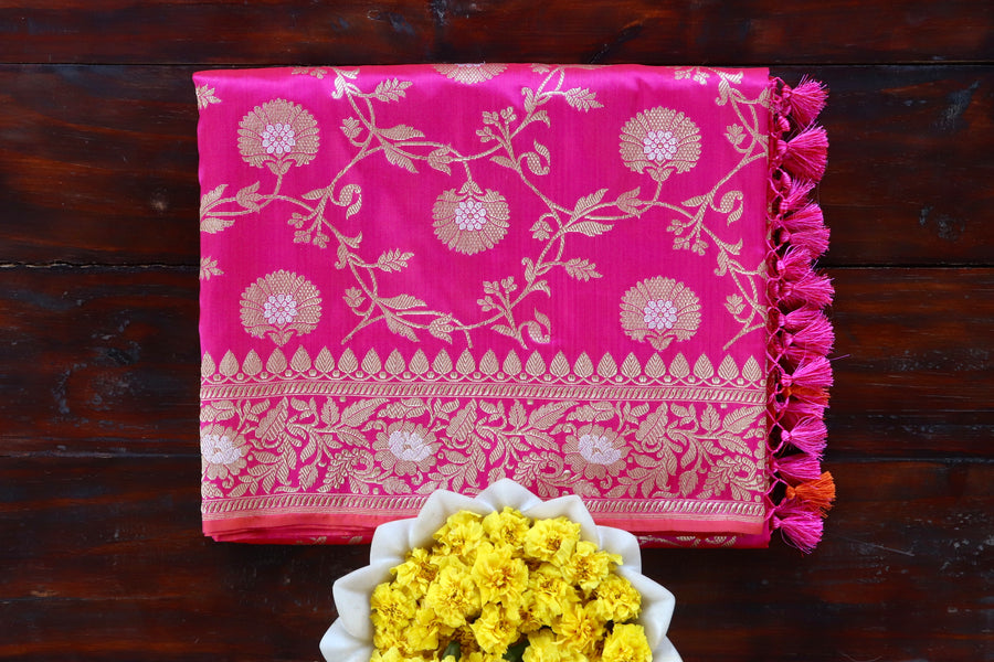 Rich Pink Blue Kadhua Phool Jangla Katan silk saree draped for the camera