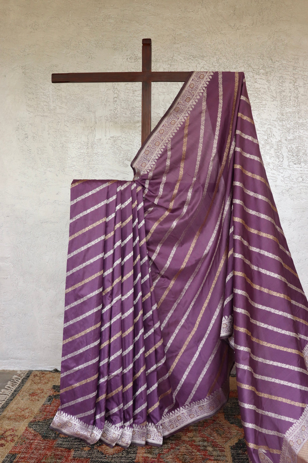 Purple handloom Banarsi saree with jangla motifs in pure Katan silk