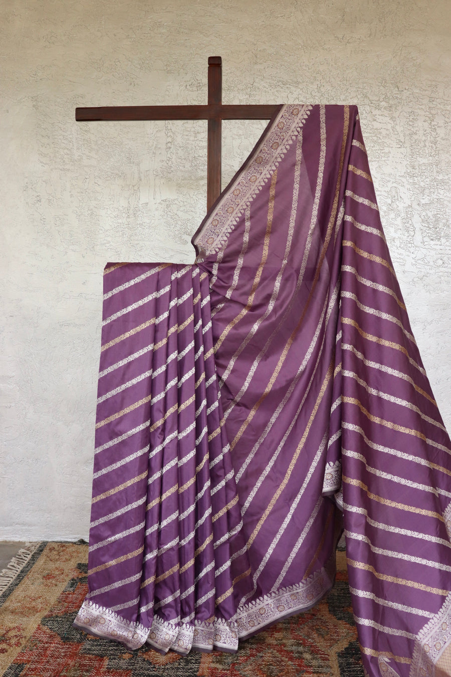 Purple handloom Banarsi saree with jangla motifs in pure Katan silk