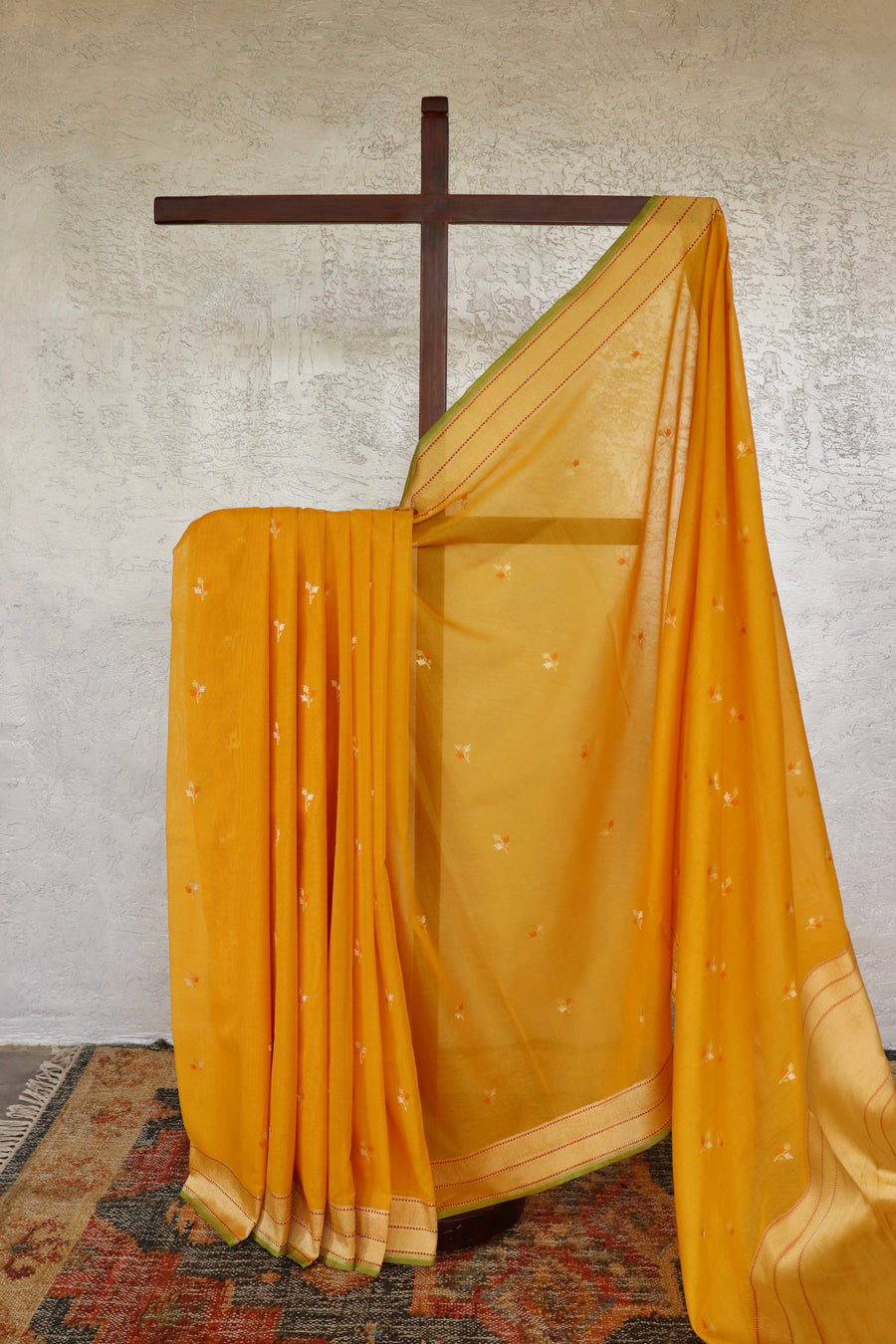 Yellow handloom Banarsi saree with kadhua motifs in pure cotton