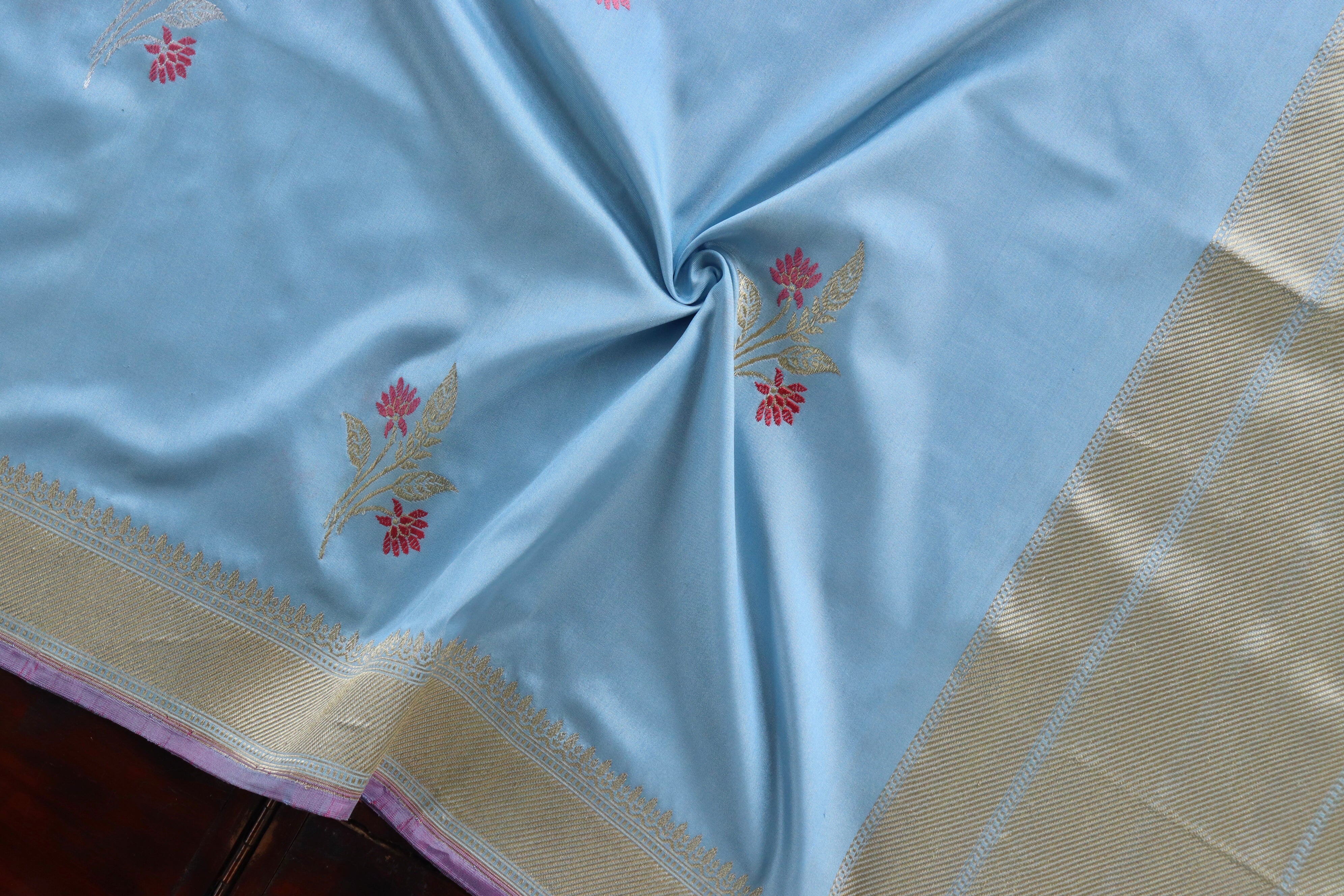 Sky Blue Leaf Motif Pure Silk Handloom Banarasi Dupatta