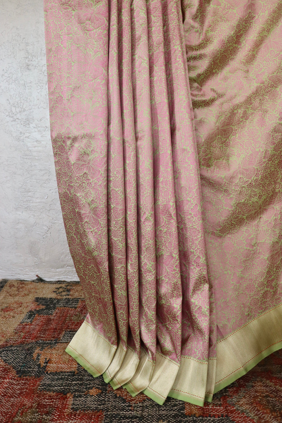 Pista Green & Pink Butterfly Resham Handwoven Banarasi Tanchoi Silk Saree