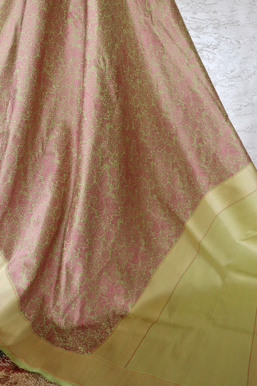 Pista Green & Pink Butterfly Resham Handwoven Banarasi Tanchoi Silk Saree