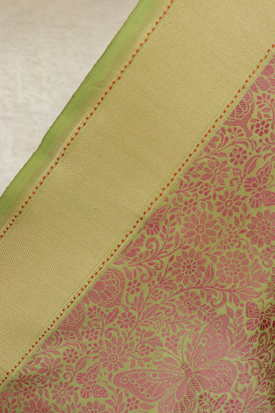 Pista Green & Pink Butterfly Resham Handwoven Banarasi Tanchoi Silk Saree