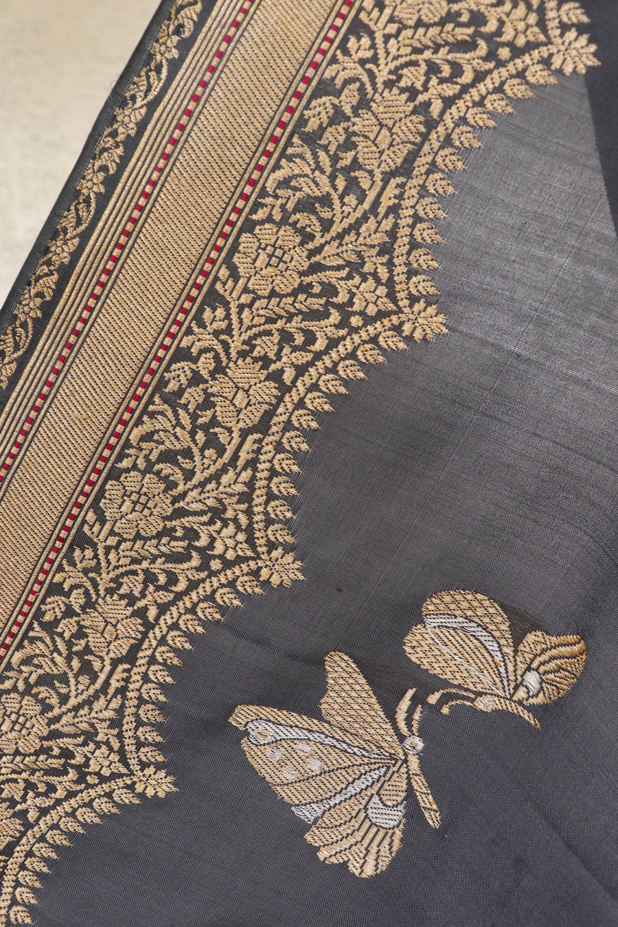Grey Butterfly Motif Pure Silk Handloom Banarasi Saree