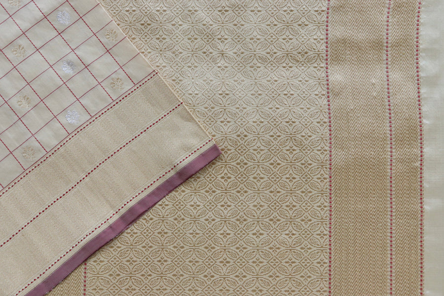 Full drape of Ivory Check pure silk Banarasi saree