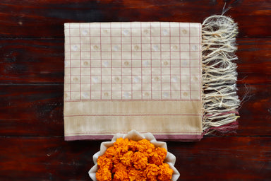 Ivory handloom Banarsi saree with check motifs in pure silk