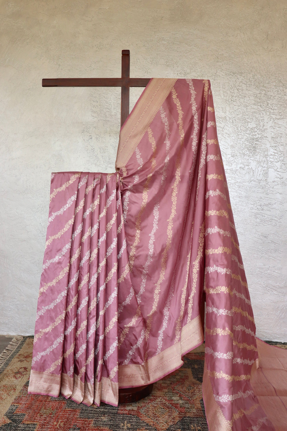 Lavender handloom Banarsi saree with jangla motifs in pure Katan silk