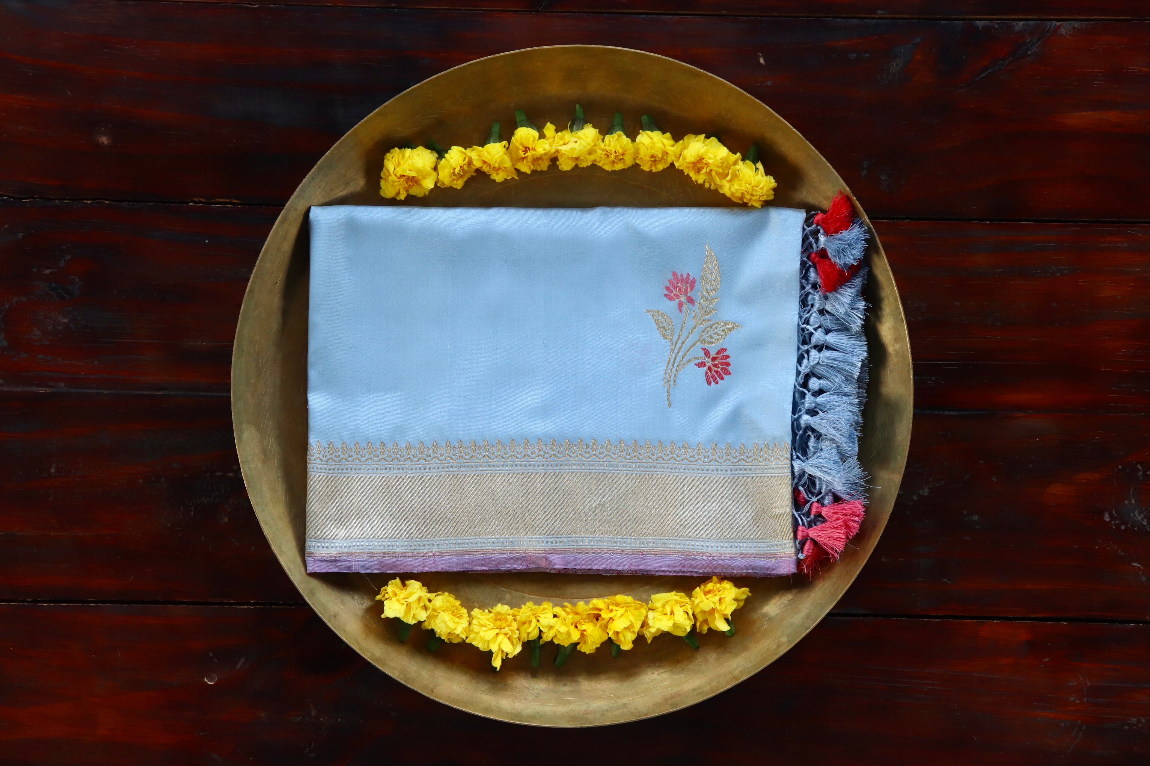 Sky Blue Leaf Motif Pure Silk Handloom Banarasi Dupatta