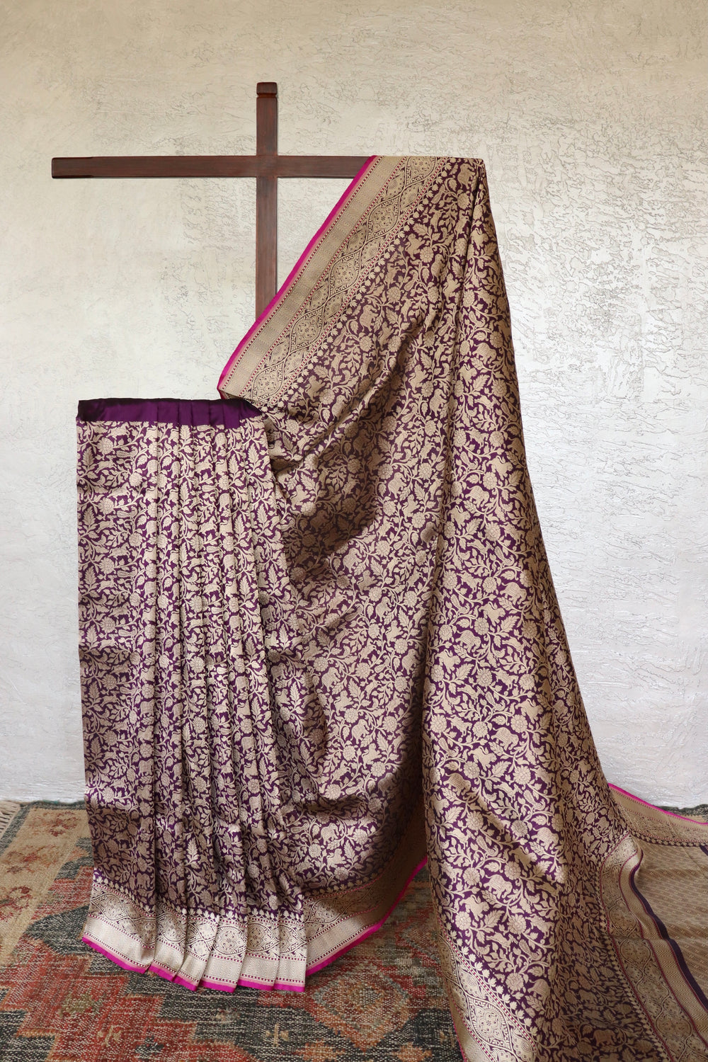 Purple handloom Banarsi saree with shikargah motifs in pure silk