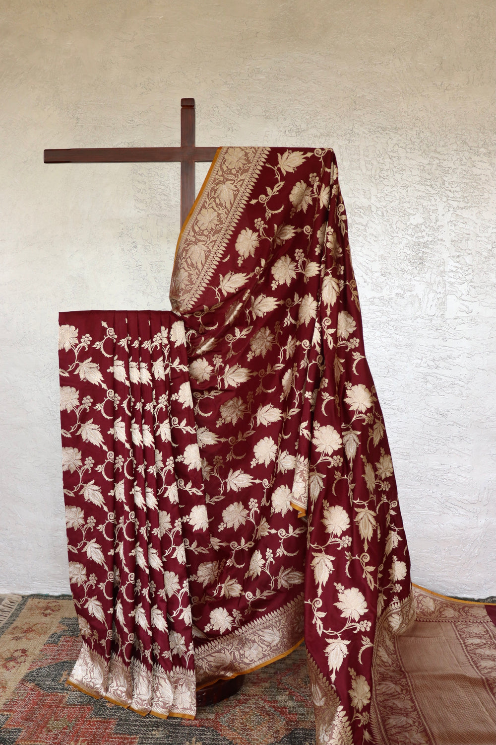 Maroon handloom Banarsi saree with jangla motifs in pure silk