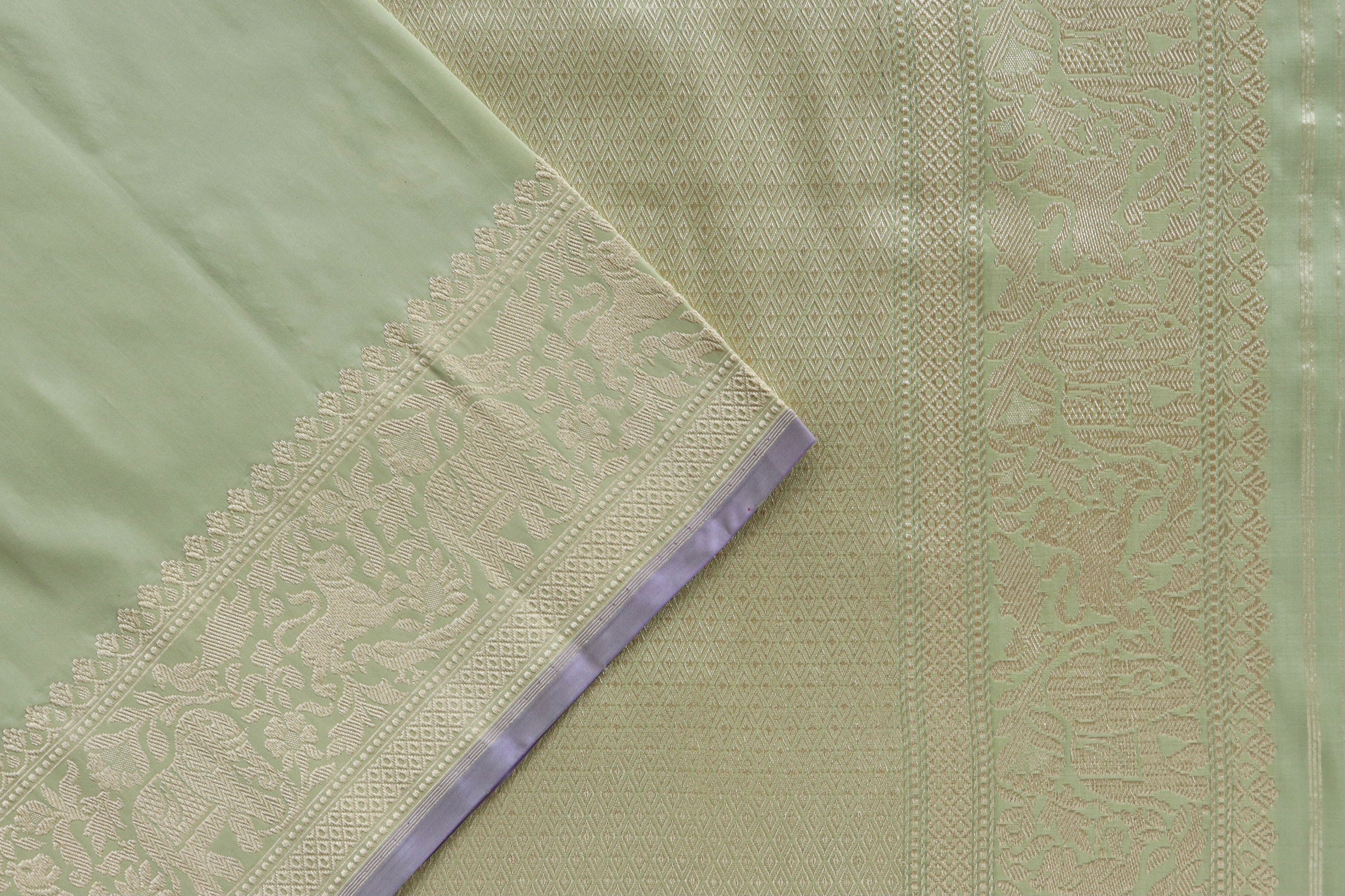 Mint Green Shikargha Border Pure Silk Handloom Banarasi Saree