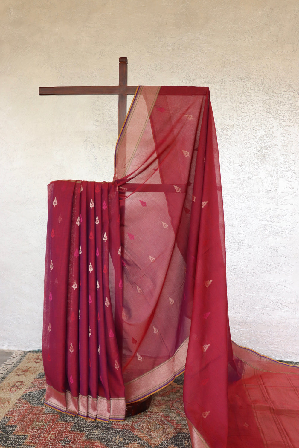 Burgundy handloom Banarsi saree with kadhua motifs in pure cotton
