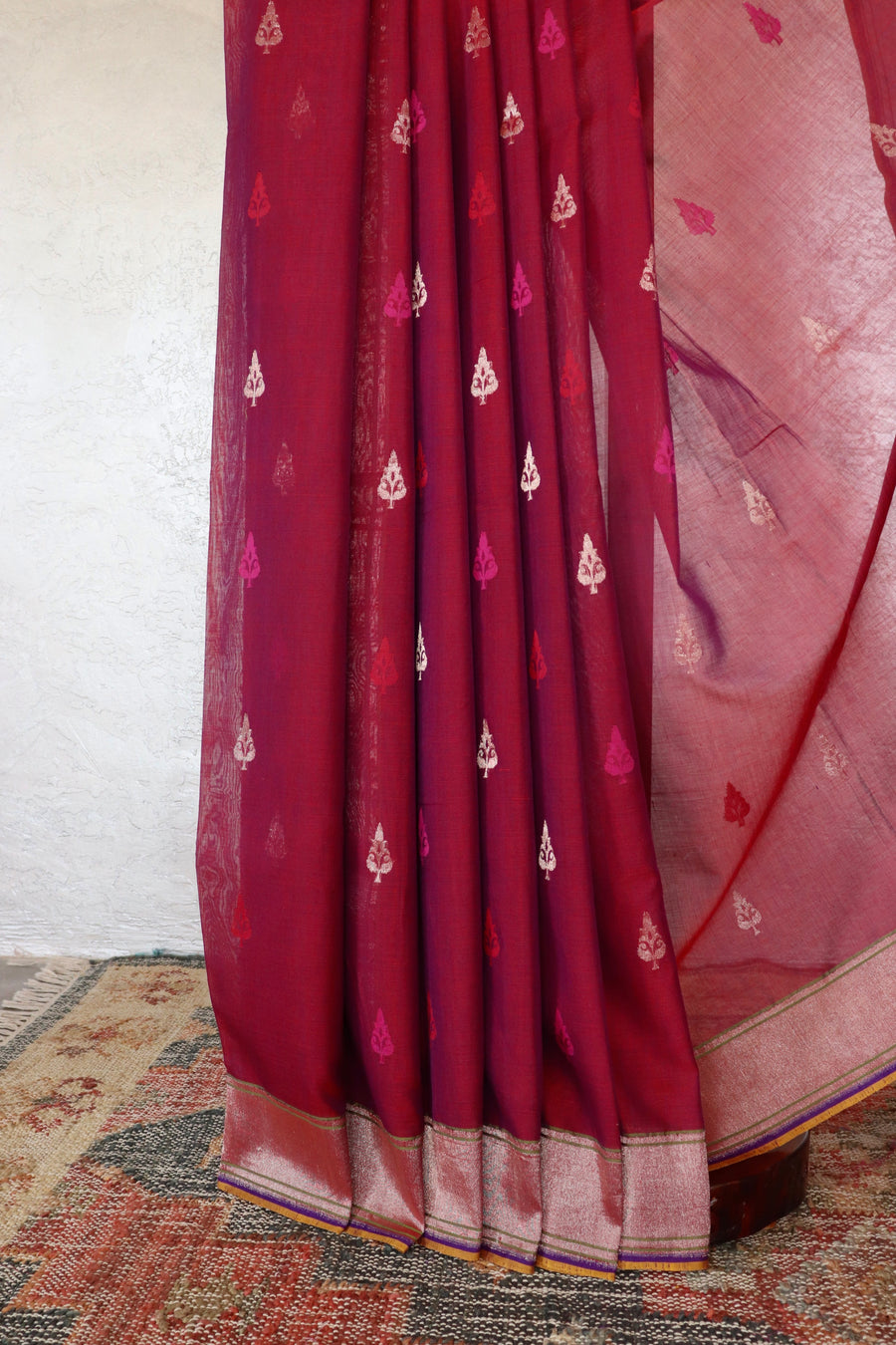 Burgundy Cotton Kadhua Motif Banarasi Handloom Saree