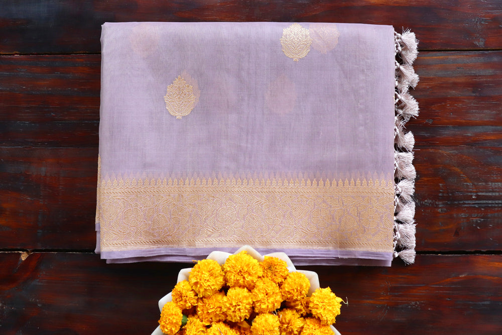 Mauve handloom Banarsi saree with parizaat motifs in pure Kora silk