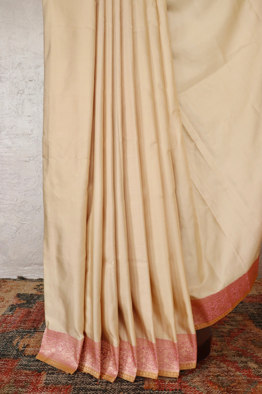 Ivory & Pink Banarasi Handwoven Satin Silk Saree