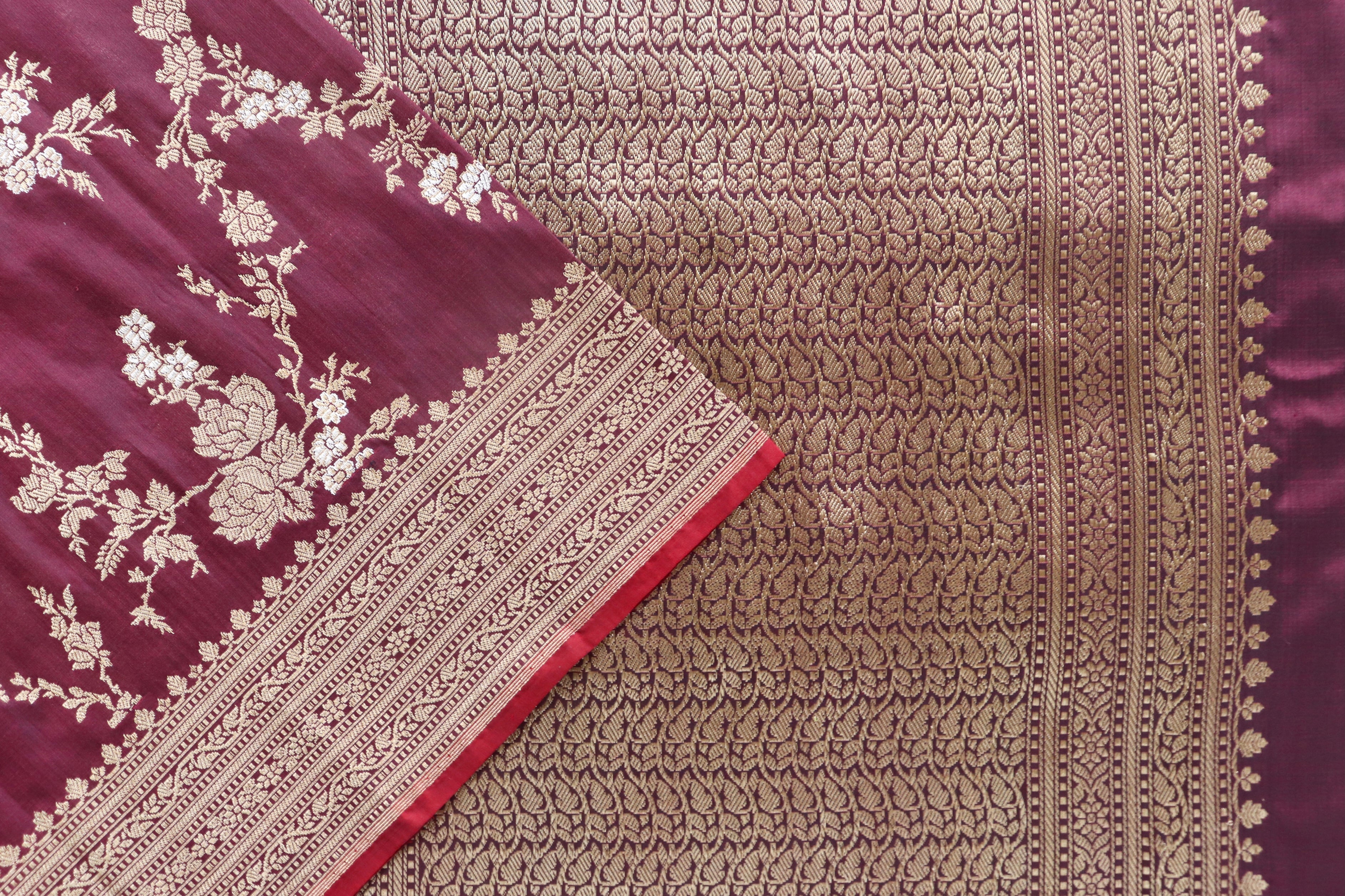 Maroon Gulab Jangla Pure Silk Handloom Banarasi Saree