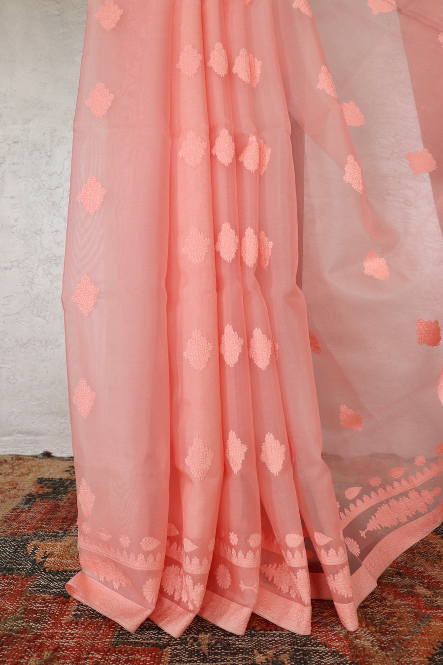 Peachy Pink Resham Kadhua Pure Kora Silk Handloom Saree