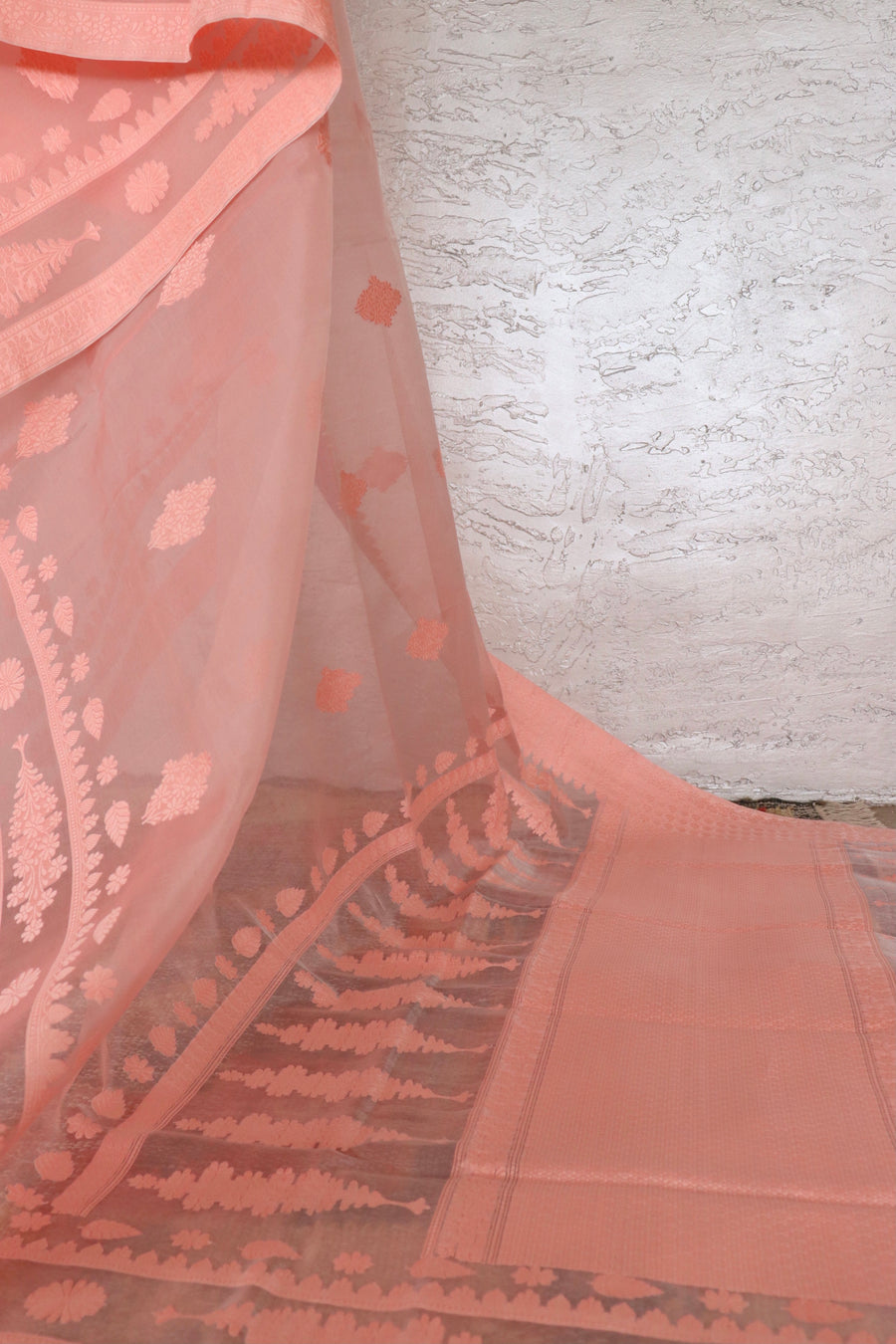 Peachy Pink Resham Kadhua Pure Kora Silk Handloom Saree