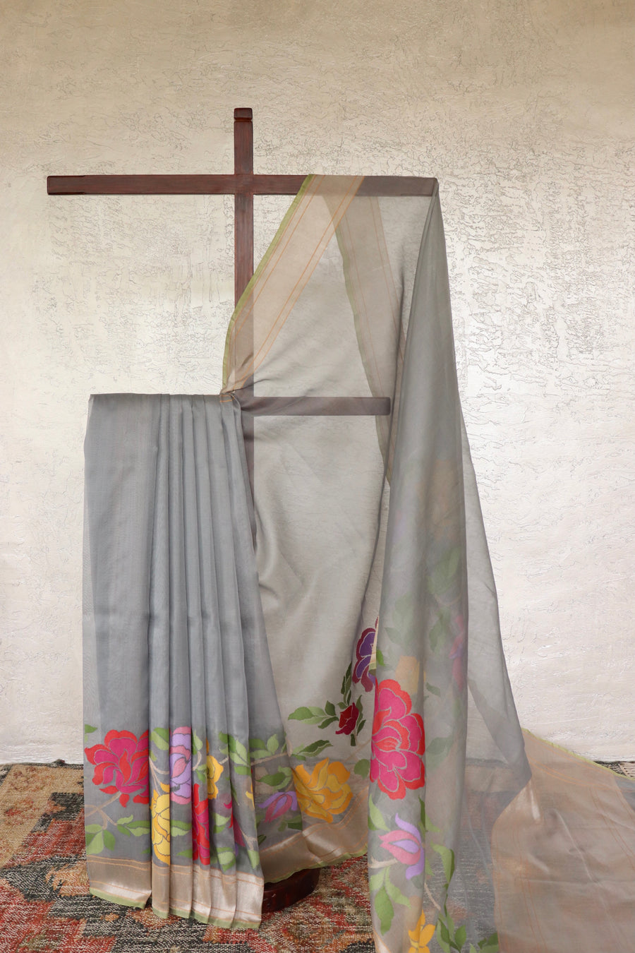 Grey handloom Banarsi saree in pure Kora silk