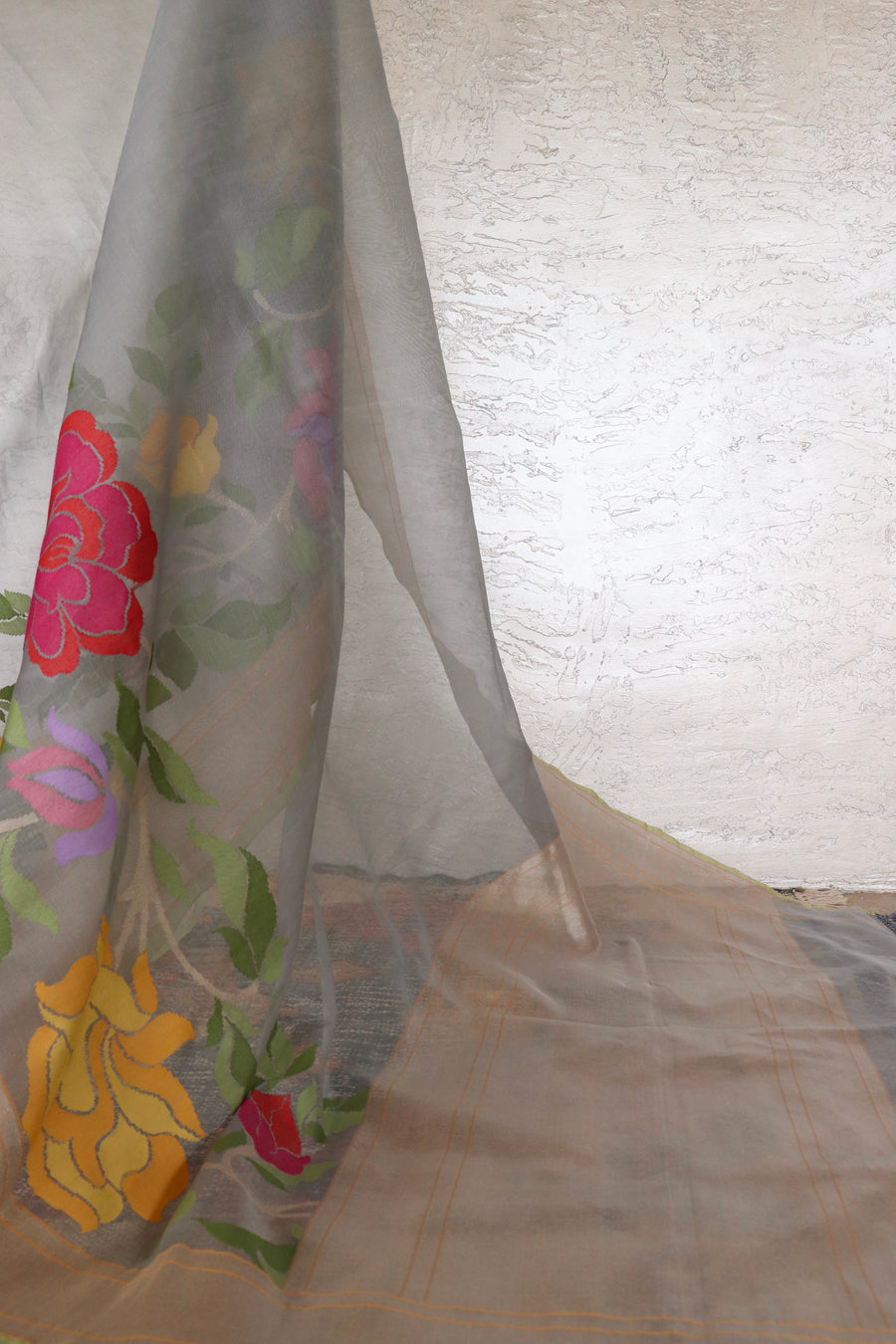 Grey With Multi Colour Flowers Pure Kora Silk Handloom Banarasi Saree